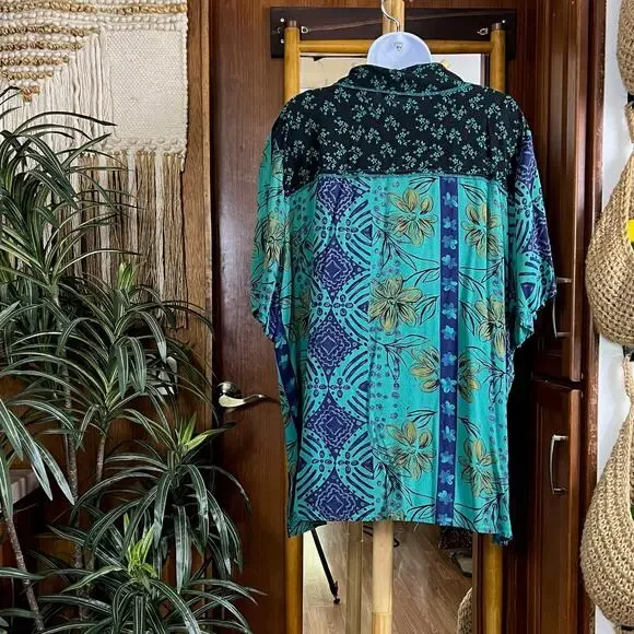 Vintage Plus Size 2 Piece Set 22W 24W Teal Patchwork Rayon Pants Shirt Outfit - Picture 5 of 16